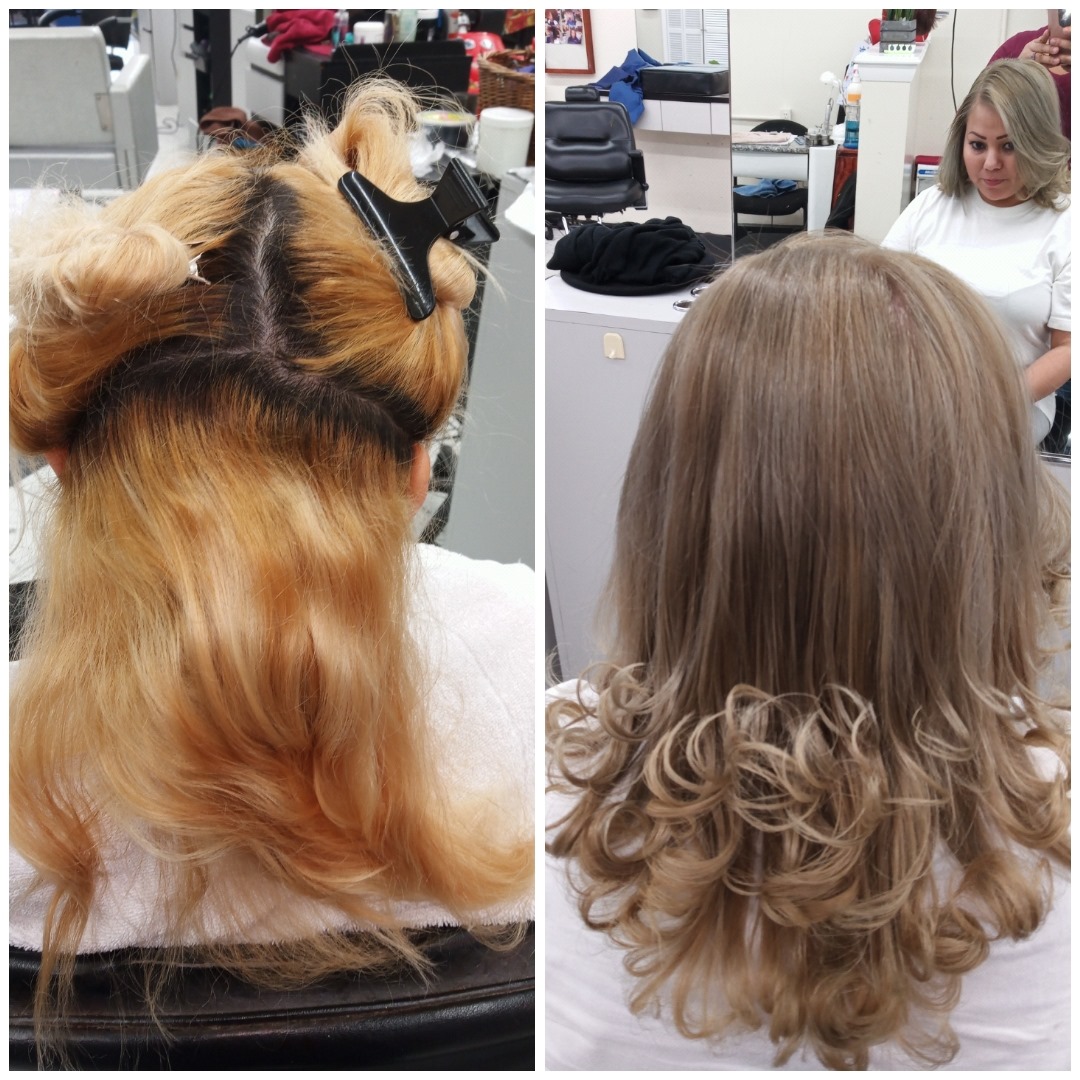 Before and after Dominican blowout hair transformation showing damaged hair to smooth styled curls